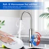 A person is washing dishes under a faucet that is dispensing hot water, indicated by steam. The faucet has a digital display and a temperature control dial. Podgląd zdjęcia produktu