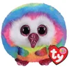 A close-up studio shot of a colorful plush owl toy with glittery eyes and beak, and a Ty brand tag attached. Voir les images du produit