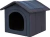 A navy blue fabric dog house with a pitched roof and arched entrance, shown against a white background. Náhled obrázku produktu