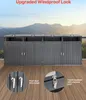 A long, gray outdoor storage shed with multiple doors and lids, set against a backdrop of mountains and sky. Close-up insets show the door lock design and the lid latch. Podgląd zdjęcia produktu