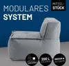A grey modular beanbag sofa section is shown against a blue background with text overlays. Náhled obrázku produktu