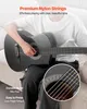 A person is playing a black acoustic guitar while sitting on a couch. The image has text overlays highlighting product features. Podgląd zdjęcia produktu
