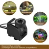 A product image showing a fountain pump with multiple circular images demonstrating its use in different settings like a garden fountain, landscape fountain, table fountain, and fish tank. Produktbild-Vorschau