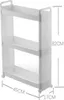 A white, three-tiered storage shelf with dimensions indicated by measurement lines and text. Produktbild-Vorschau