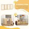 A collage showing a wooden pet gate in different configurations and settings, with text describing its flexibility. Produktbild-Vorschau