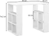 A white desk with shelves on either side, shown with dimensions indicated. Podgląd zdjęcia produktu