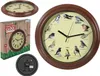 A collage of images showing a singing birds clock, its packaging, and the back of the clock. Náhled obrázku produktu