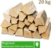 A stack of firewood is shown, with text overlays indicating it's regional and from Hessen. Produktbild-Vorschau