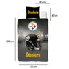A Pittsburgh Steelers themed bedding set with a pillow and duvet cover displayed on a bed. Dimensions are indicated with measurement lines. Produktbild-Vorschau