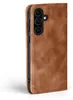 A close-up side view of a brown leather flip phone case for a Samsung Galaxy A36 5G, showing the camera cutout and side buttons. Produktbild-Vorschau