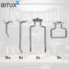 A collection of metal tool holders and hooks displayed against a pegboard background with tools hanging on it. Produktbild-Vorschau