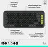 A dark gray keyboard with green accents, featuring text overlays describing its features and compatibility. Náhľad obrázku produktu