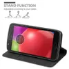 A smartphone in a brown flip case is shown, with diagrams illustrating its stand function. Náhľad obrázku produktu