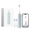 A product shot of an electric toothbrush and its accessories, along with a smartphone displaying its app interface. Produktbild-Vorschau
