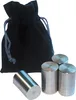 A black velvet drawstring bag is shown behind four cylindrical metal weights. Produktbild-Vorschau
