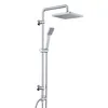 A modern chrome shower system with a square overhead shower head and a handheld shower head on a vertical rail, set against a plain white background. Produktbild-Vorschau