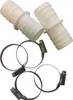 Two white plastic hose connectors and four metal hose clamps on a white background. Produktbild-Vorschau