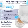 Marketing image for adult incontinence products, highlighting features like softness, odor control, absorbency, and leak protection. Produktbild-Vorschau