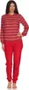 A woman is standing and modeling a red and white striped pajama set. Produktbild-Vorschau