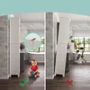 A split image showing a tall white cabinet. The left side shows the cabinet standing upright with a baby sitting in front of it, and a close-up of a wall anchor. The right side shows the cabinet tipping over with items falling out. Produktbild-Vorschau