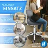 A collage showcasing a gray rolling stool with a backrest used in various settings like a workshop, cosmetic studio, and general work areas. Produktbild-Vorschau