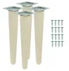 Four wooden furniture legs with metal mounting plates and a set of screws, all displayed against a white background.