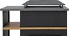 A close-up view of a black outdoor fireplace with a gray stone countertop and a wooden shelf. Náhled obrázku produktu
