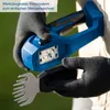 Hands wearing black gloves are holding a blue cordless grass and shrub shear, demonstrating how to attach a cutting blade. Produktbild-Vorschau