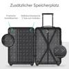 An open suitcase showing its interior features, with text highlighting additional storage space. Produktbild-Vorschau