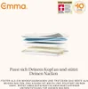 A layered diagram of a pillow with marketing text and awards. Produktbild-Vorschau
