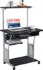A black computer desk with shelves and wheels, shown against a white background. Produktbild-Vorschau