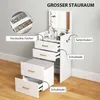 A white vanity table with a mirror and stool, featuring drawers and hooks, with labels pointing out its features. Produktbild-Vorschau