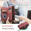 A person is using a wallet phone case to pay with a card at a payment terminal, and another wallet phone case is shown on a wireless charger. Produktbild-Vorschau