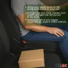 A person sitting in a car seat with a cardboard box on the seat next to them. Text overlays provide marketing information in multiple languages. Produktbild-Vorschau
