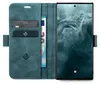 A teal flip case wallet for a smartphone, open to reveal card slots and a banknote, with the smartphone screen displaying the time and date. Produktbild-Vorschau