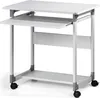 A white and gray computer workstation with a pull-out keyboard tray and a lower shelf, shown on a white background. Anteprima dell’immagine prodotto