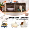 A marketing image showing a wooden cat litter box enclosure with dimensions and examples of litter boxes that fit inside. Cats are also shown interacting with the product and litter boxes. Produktbild-Vorschau