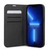 A black flip phone case with card slots is open, revealing a smartphone with a blue screen. Produktbild-Vorschau