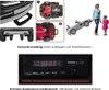 Collage of images showing features of a children's ride-on car, including its handling, audio system, and a person pulling it. Produktbild-Vorschau