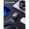 A UGREEN 20W charger is shown alongside a tablet, a smartwatch, and wireless earbuds, suggesting its versatility for charging multiple devices. Voir les images du produit