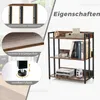 A 3-tier bookshelf with decorative items on it, with close-up insets highlighting its features. Produktbild-Vorschau
