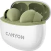 A pair of green wireless earbuds in a white charging case, with the lid open. Produktbild-Vorschau