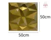 A gold-colored 3D wall panel with geometric patterns, shown against a white background with size indicators. Anteprima dell’immagine prodotto