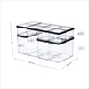 A set of clear plastic food storage containers with black lids, arranged in a grid formation, with dimensions and capacity labels shown. Produktbild-Vorschau
