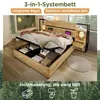 A modern wooden bed with integrated storage and shelving, shown in a bedroom setting with a forest background overlay. Produktbild-Vorschau