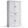 A white wooden storage cabinet with two doors on top, a drawer in the middle, and two doors on the bottom. Voir les images du produit