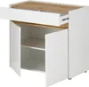 A white and wood-tone cabinet with an open drawer and open doors, revealing shelves inside. Produktbild-Vorschau