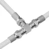 A close-up studio shot of a T-connector for cables, showing its metallic finish and threaded connections. Produktbild-Vorschau