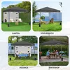 Collage of four images showing a grey pop-up canopy tent used in different outdoor settings: a garden, by a pool, for a picnic, and on a patio. Produktbild-Vorschau