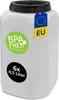 A white plastic container with a black lid, featuring several labels. Anteprima dell’immagine prodotto
